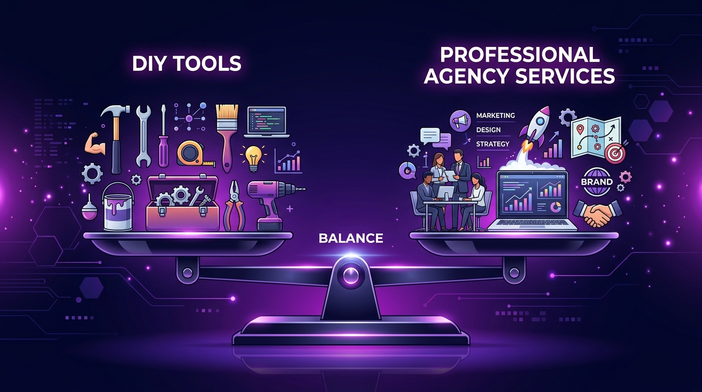 Weegschaal met DIY tools vs professionele agency services