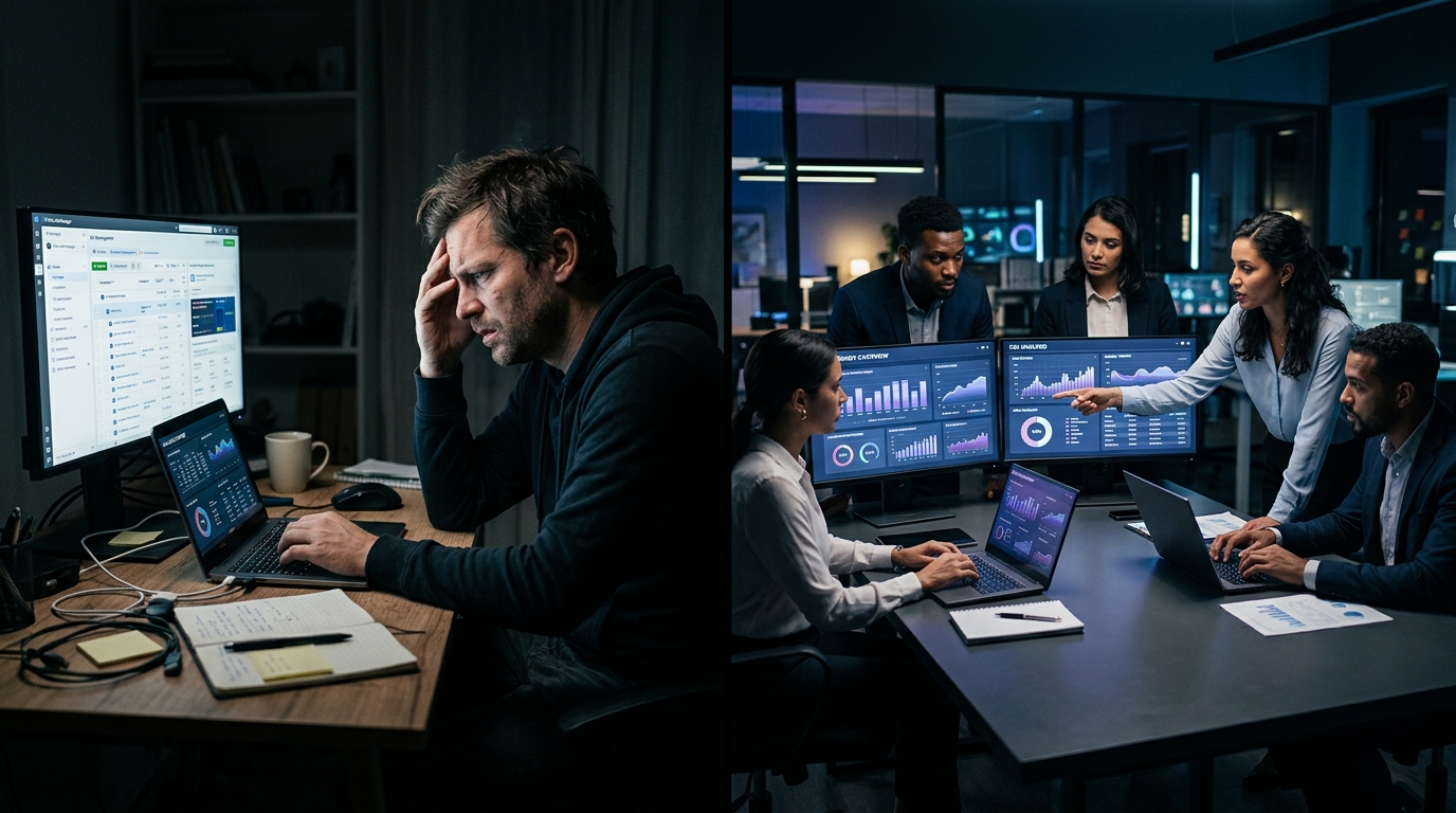Ondernemer alleen aan bureau vs professioneel team met dashboards