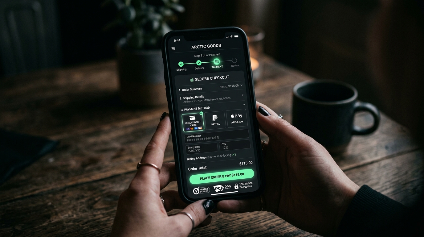 Mobiele checkout met voortgangsbalk en betaalopties