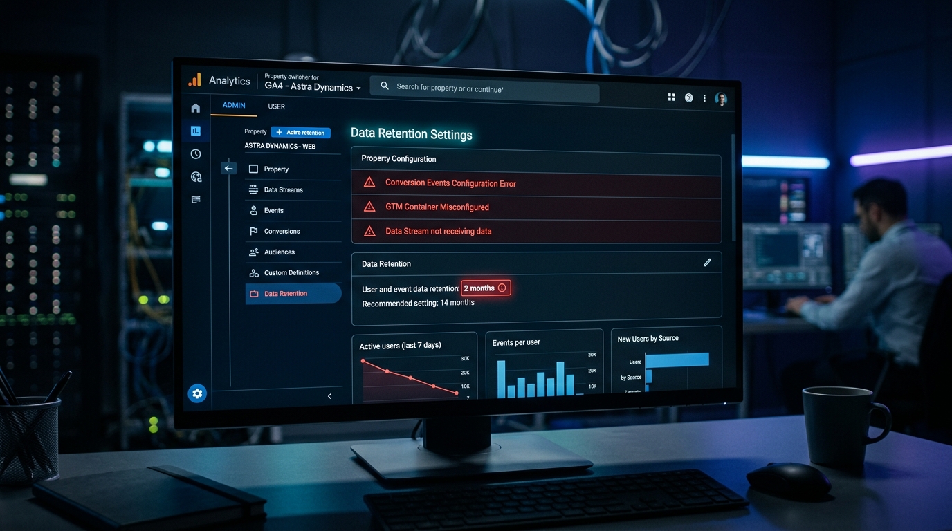 GA4 dashboard met configuratiefouten en data retentie-instellingen