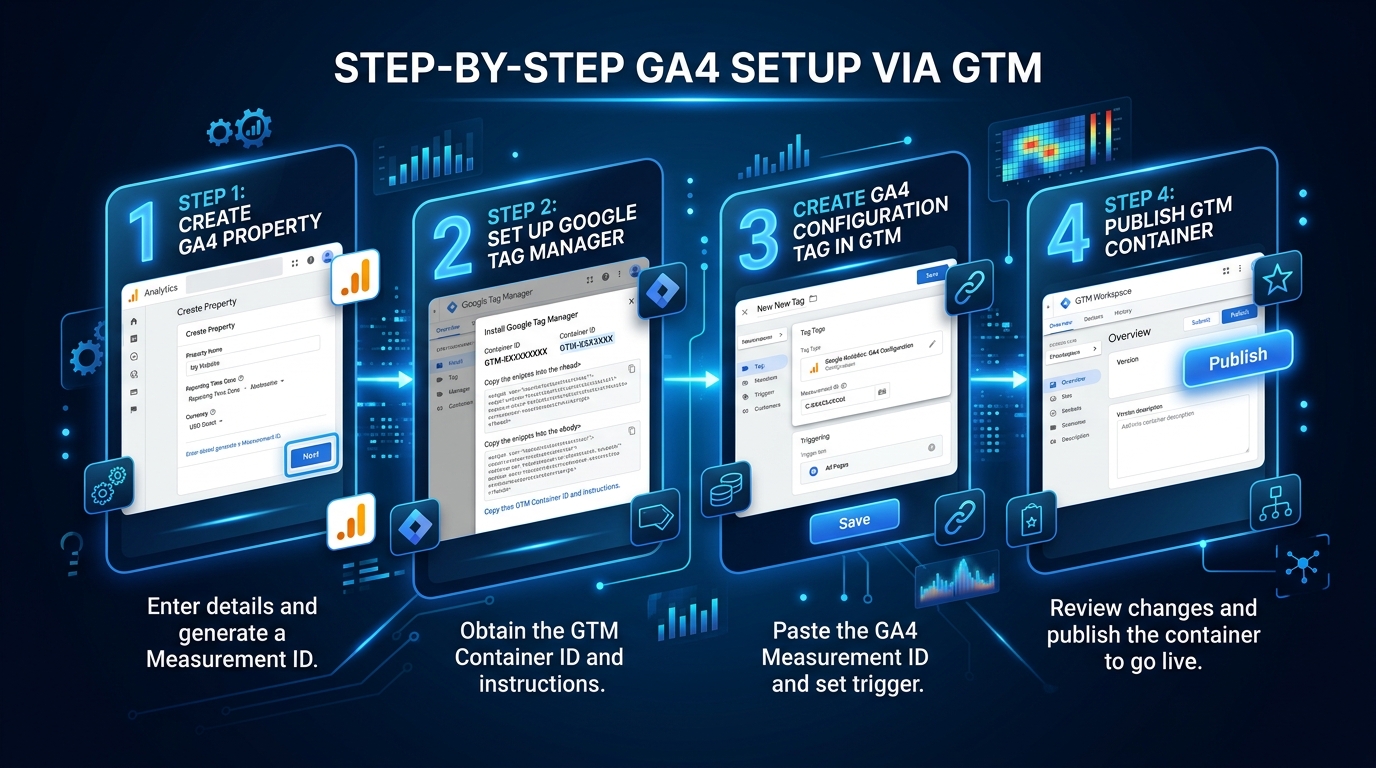 Stap-voor-stap GA4 setup via Google Tag Manager in 4 stappen