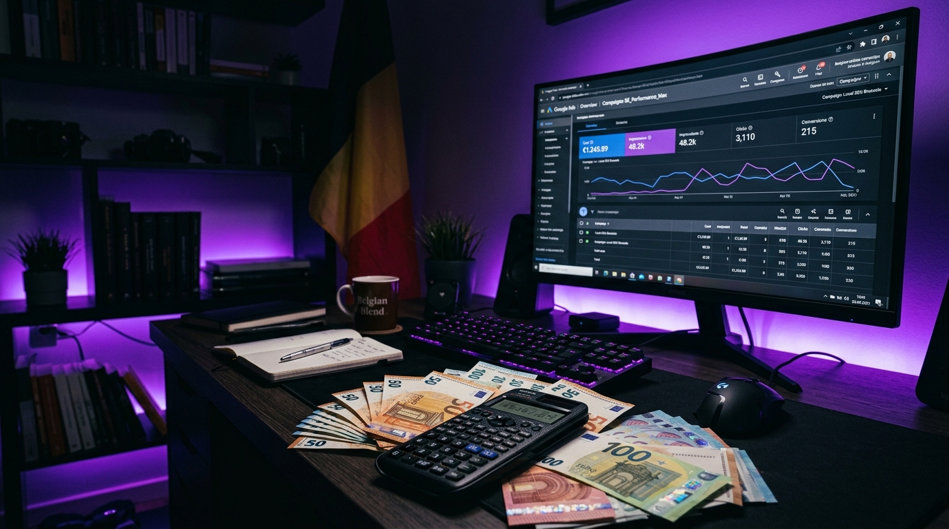 Google Ads budget calculator met euro biljetten en Belgische vlag