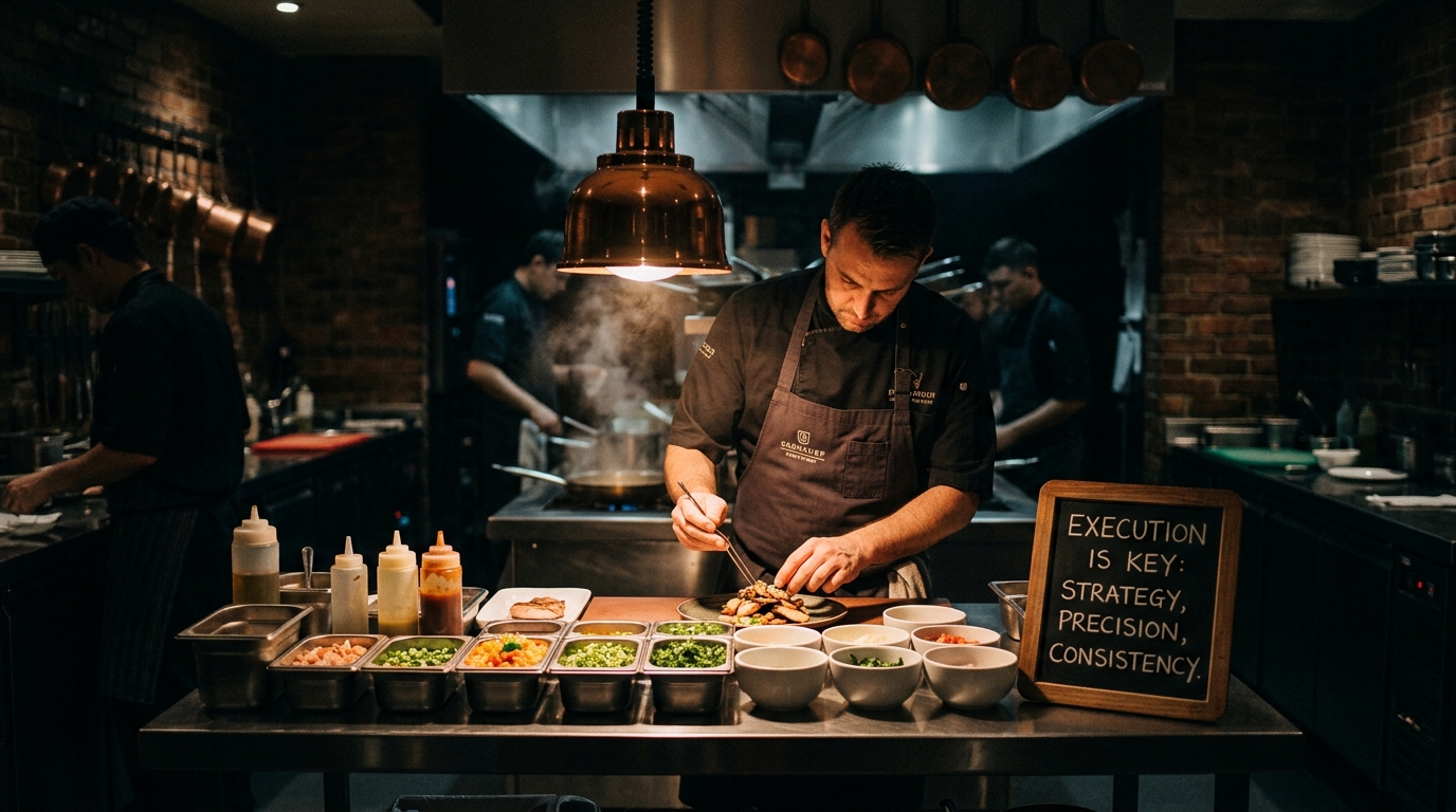Chef met perfecte mise en place en focus op executie