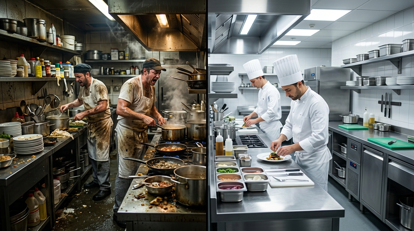 Chaotische keuken versus georganiseerde professionele keuken