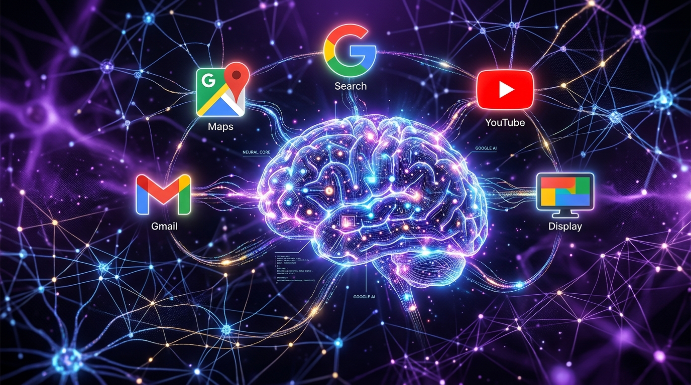 AI brein verbonden met Google kanalen: Search, YouTube, Maps, Gmail, Display