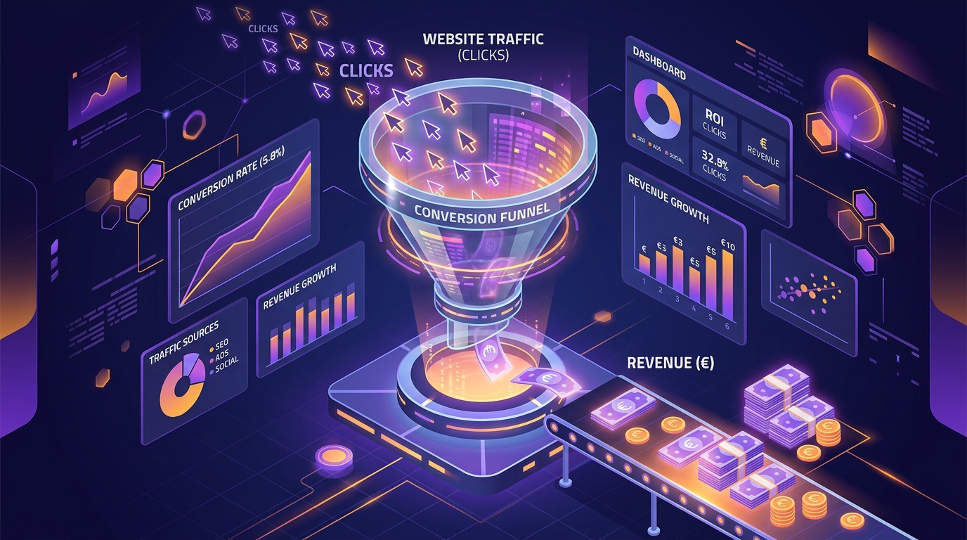 Conversion funnel converting clicks to revenue