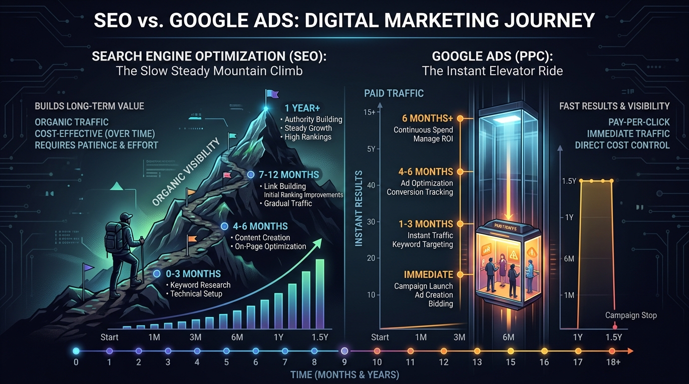 Timeline van SEO als bergbeklimming vs Google Ads als elevator
