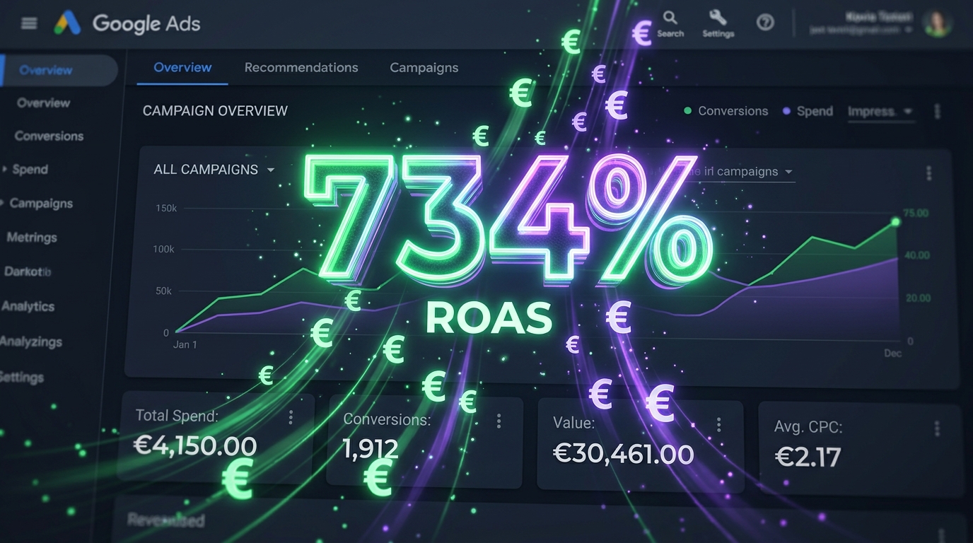 Google Ads dashboard met 734% ROAS en euro tekens