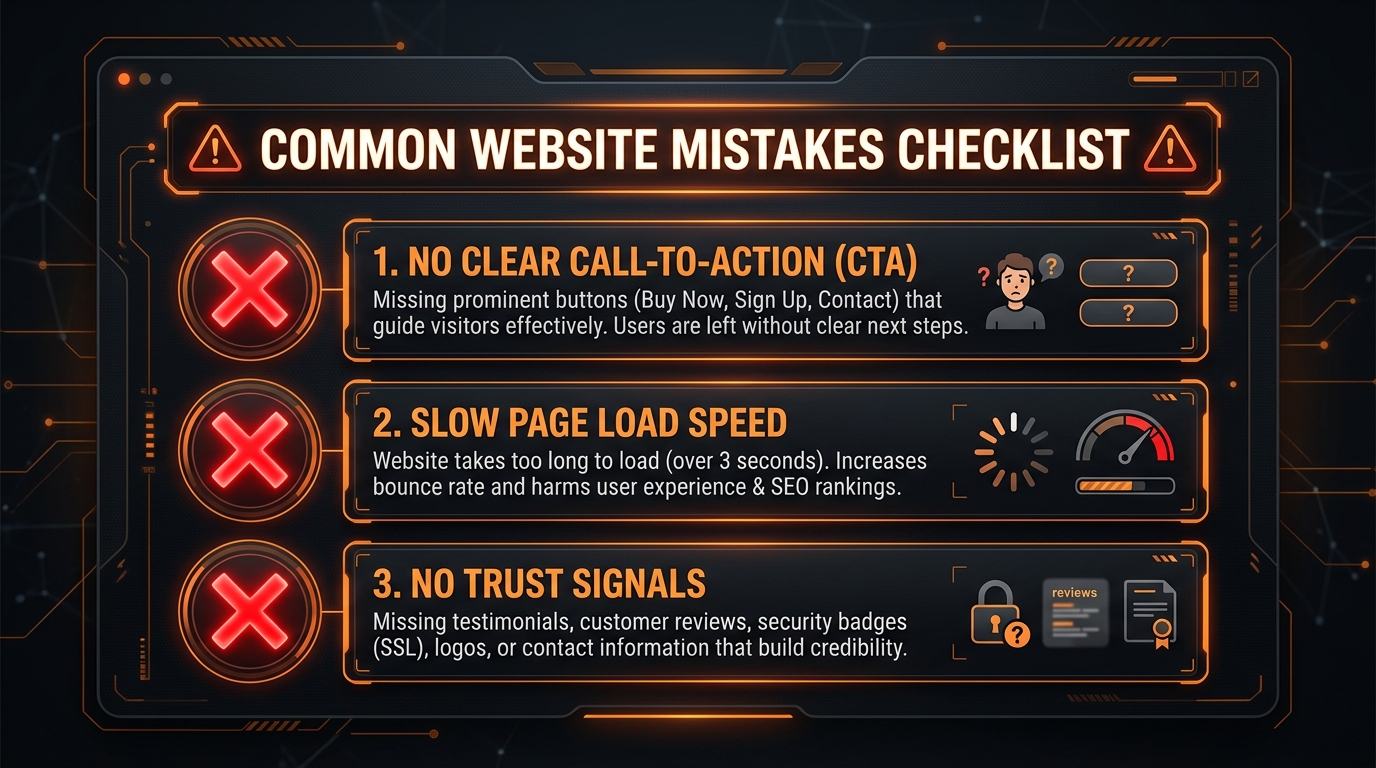 Checklist met veelgemaakte website fouten: geen CTA, trage laadtijd, geen trust signals