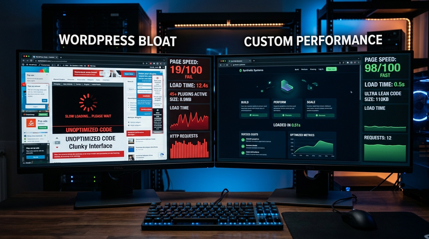 WordPress bloat met trage laadtijd versus custom website met snelle performance