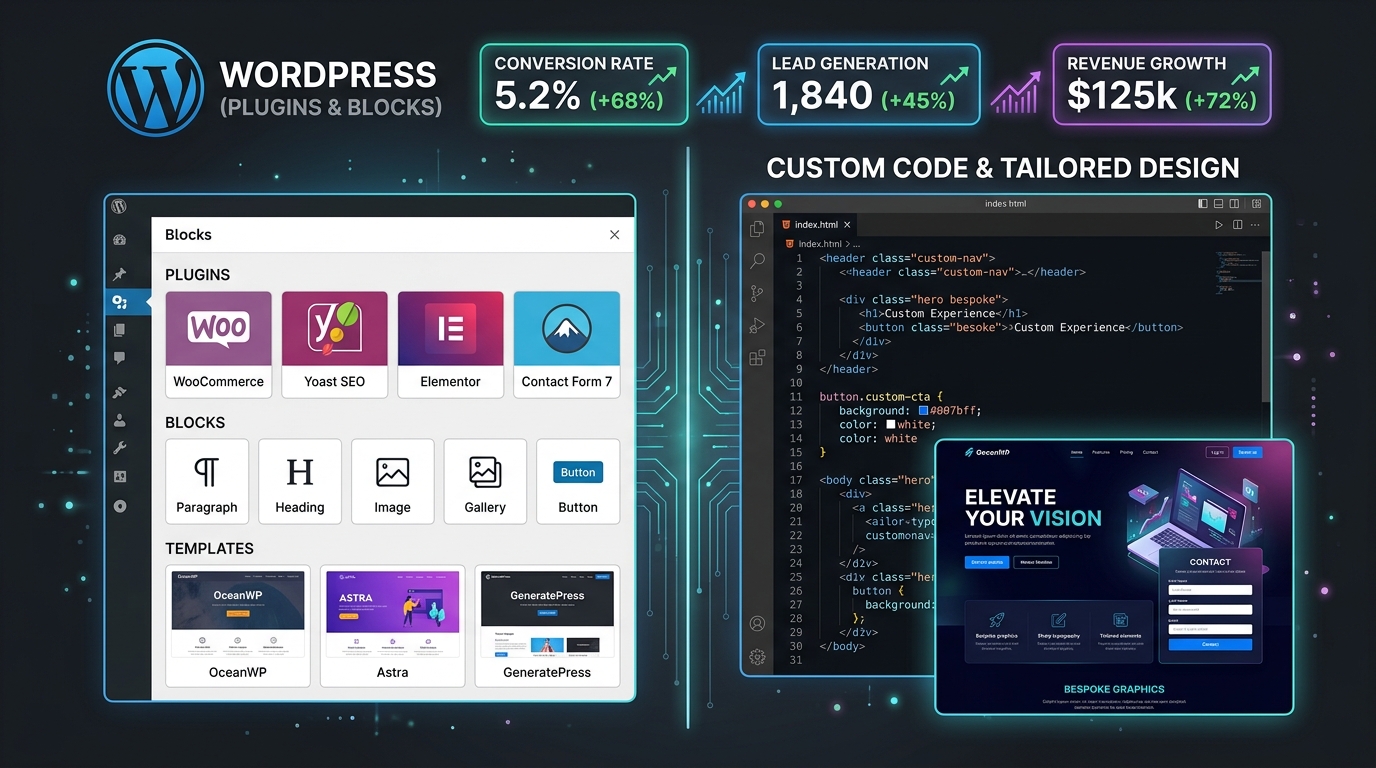 WordPress plugins en blocks versus custom code en tailored design